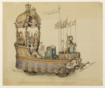 29090 Afbeelding van de praalwagen met een allegorische voorstelling van de Unie van Utrecht (1579), de zevende van de ...